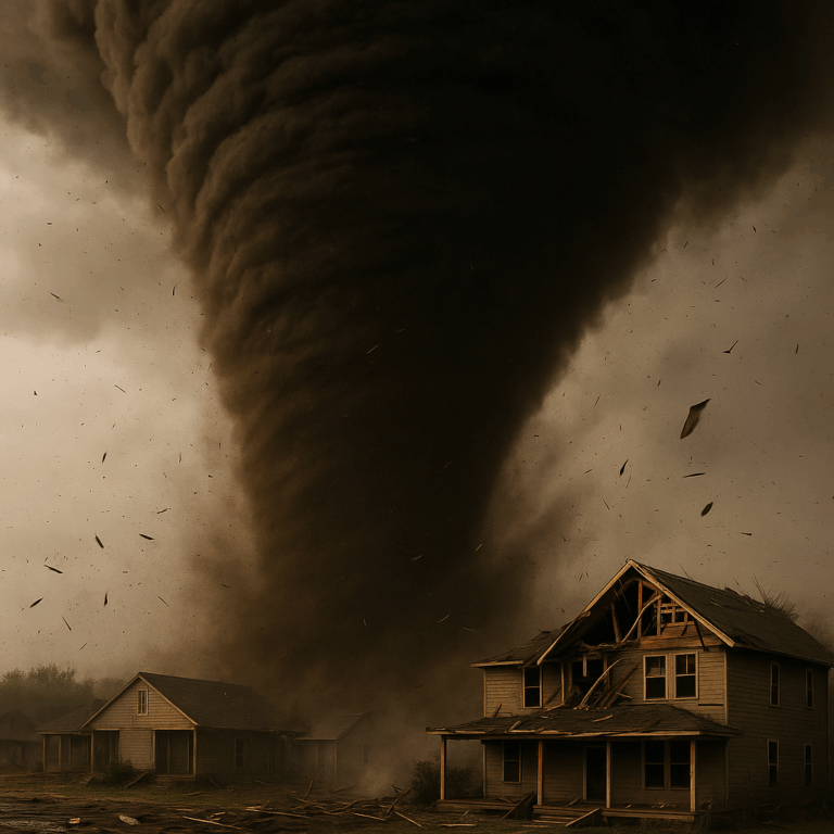 A powerful tornado tears through a residential neighborhood, with debris flying and a partially destroyed two-story house in the foreground.