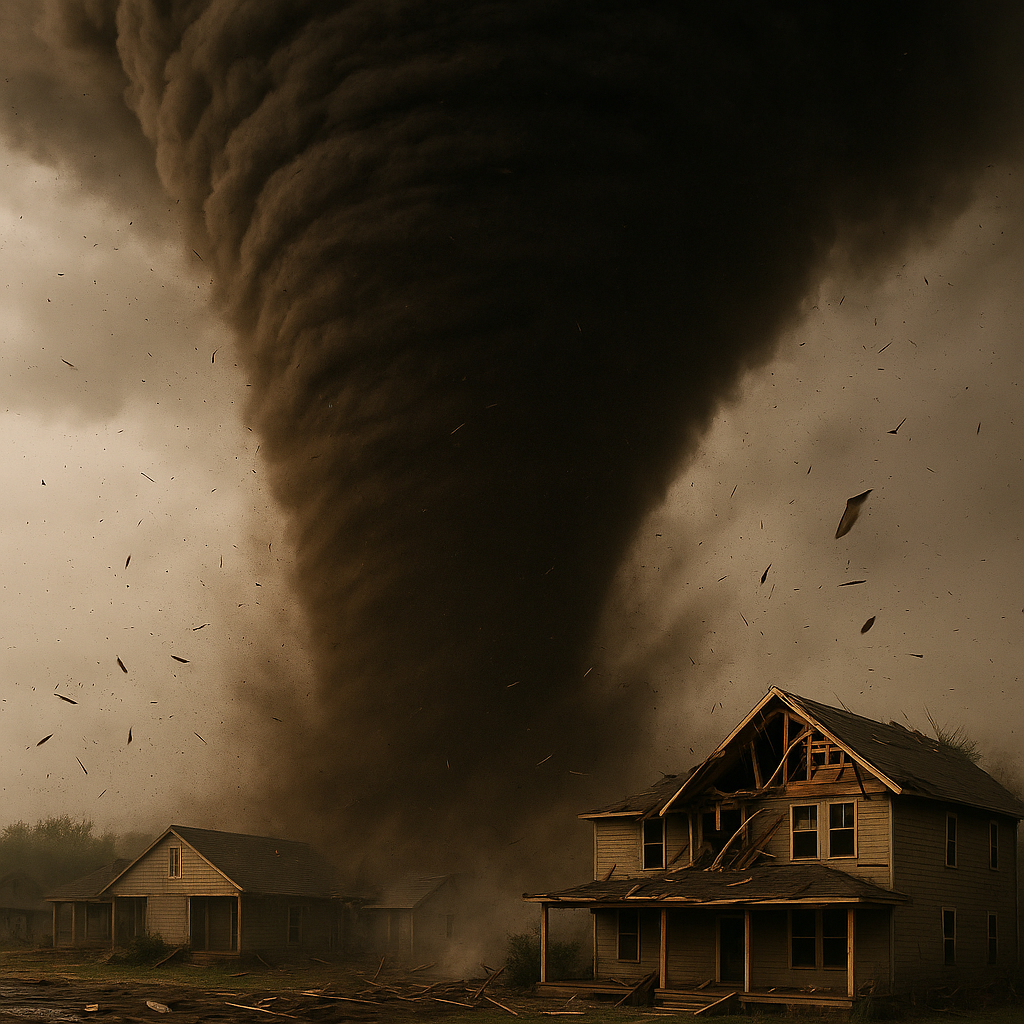 A powerful tornado tears through a residential neighborhood, with debris flying and a partially destroyed two-story house in the foreground.